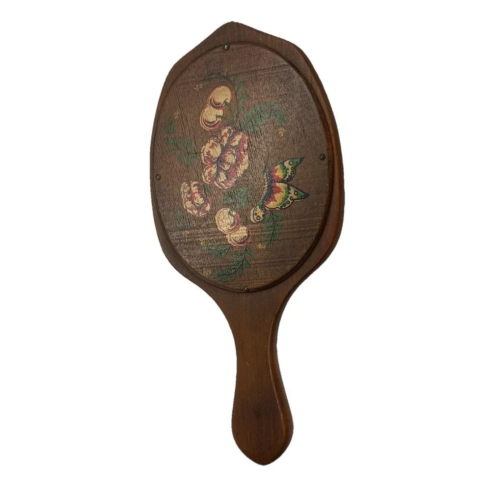 Vintage‎ Handheld Mirror Wooden Hand Painted Cottagecore Shabby Chic Butterfly